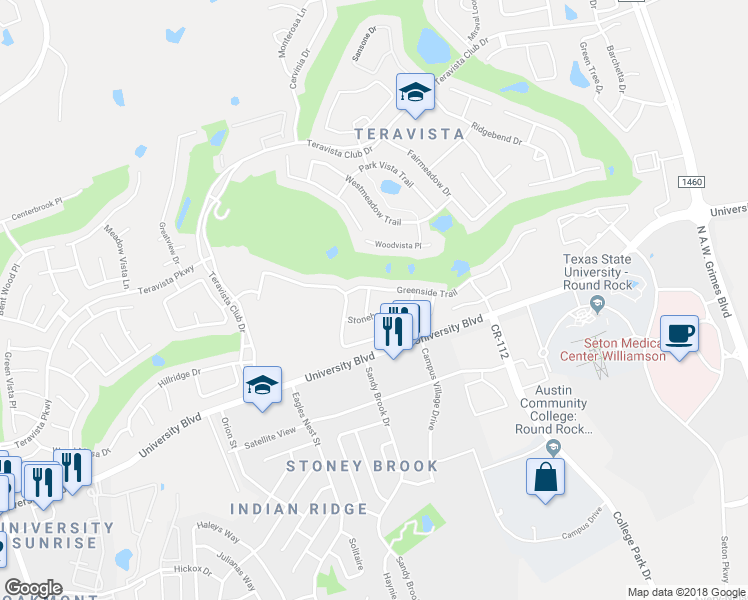 map of restaurants, bars, coffee shops, grocery stores, and more near 4097 Bluffside Lane in Round Rock