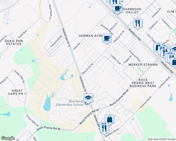 map of restaurants, bars, coffee shops, grocery stores, and more near 4118 Gunner Trail in College Station