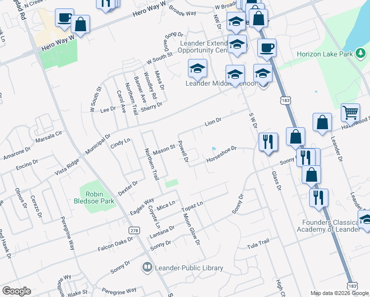 map of restaurants, bars, coffee shops, grocery stores, and more near 505 Tablerock Circle in Leander