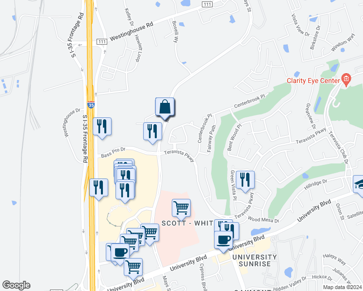 map of restaurants, bars, coffee shops, grocery stores, and more near 4406 Meadowside Lane in Round Rock