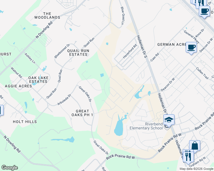 map of restaurants, bars, coffee shops, grocery stores, and more near 1751 Blanco Bend Drive in College Station
