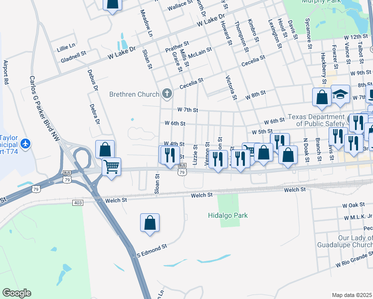map of restaurants, bars, coffee shops, grocery stores, and more near 1518 West 4th Street in Taylor