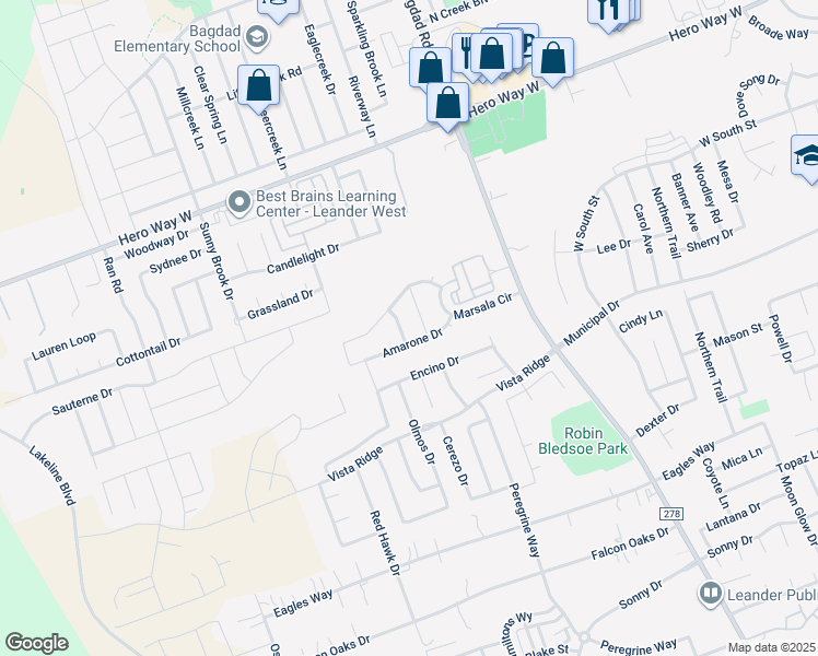 map of restaurants, bars, coffee shops, grocery stores, and more near 228 Mandana Street in Leander