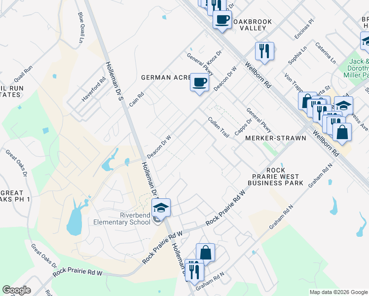 map of restaurants, bars, coffee shops, grocery stores, and more near 417 Hayes Lane in College Station