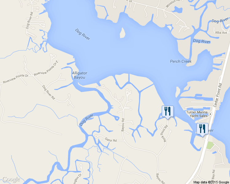 map of restaurants, bars, coffee shops, grocery stores, and more near 5881 Bayou Rd in Mobile