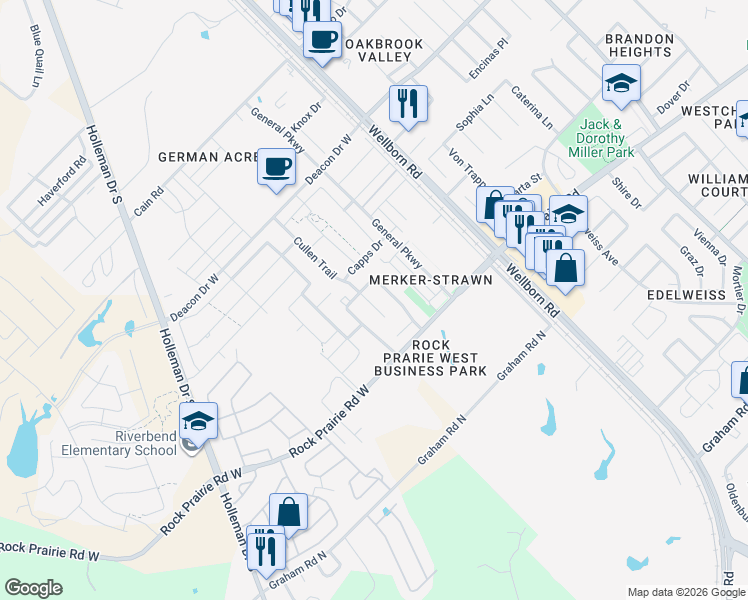 map of restaurants, bars, coffee shops, grocery stores, and more near 3332 Keefer Loop in College Station