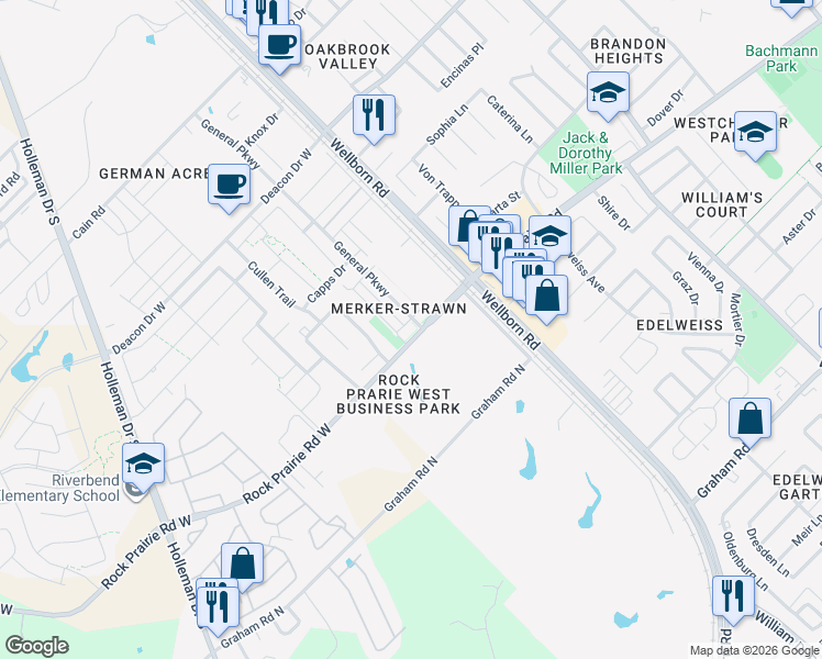 map of restaurants, bars, coffee shops, grocery stores, and more near 3205 Corporal Road in College Station