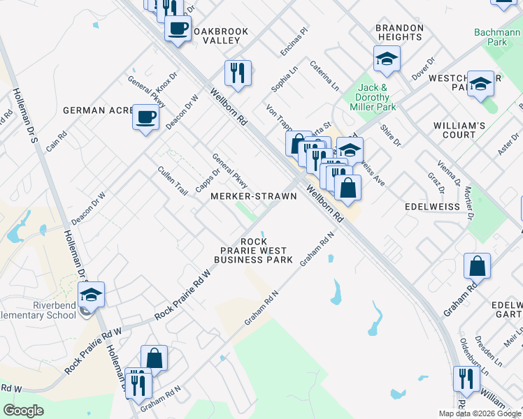 map of restaurants, bars, coffee shops, grocery stores, and more near 3311 General Parkway in College Station
