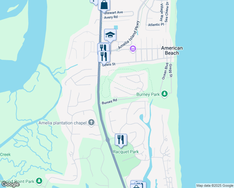 map of restaurants, bars, coffee shops, grocery stores, and more near 74 Osprey Village Drive in Fernandina Beach