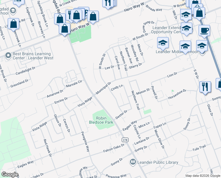 map of restaurants, bars, coffee shops, grocery stores, and more near 1028 West South Street in Leander