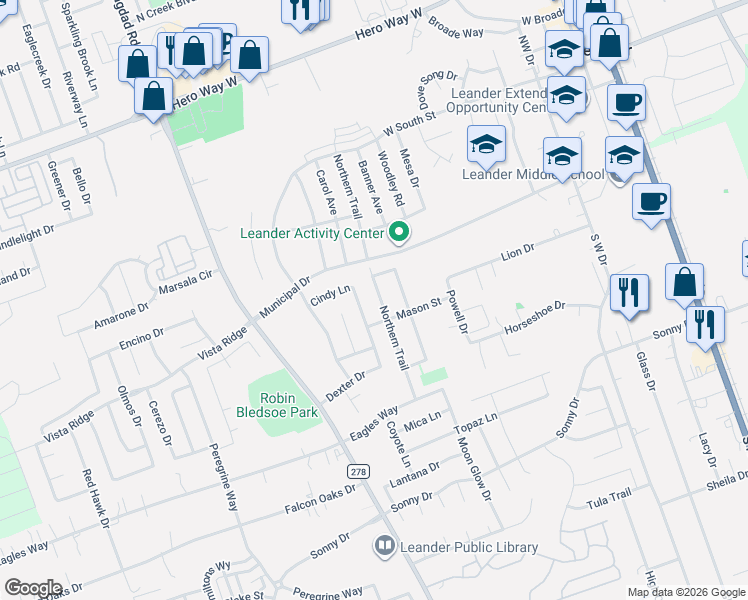 map of restaurants, bars, coffee shops, grocery stores, and more near 417 Northern Trail in Leander