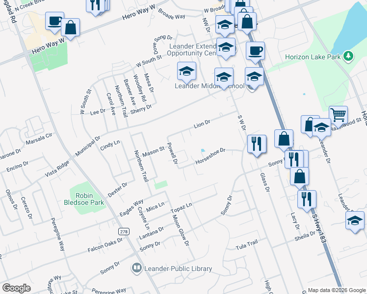 map of restaurants, bars, coffee shops, grocery stores, and more near 505 Tablerock Circle in Leander