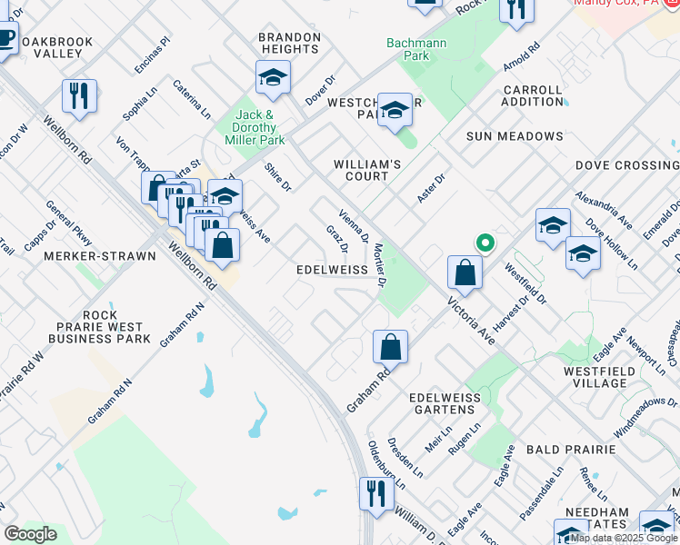 map of restaurants, bars, coffee shops, grocery stores, and more near 3618 Graz Drive in College Station