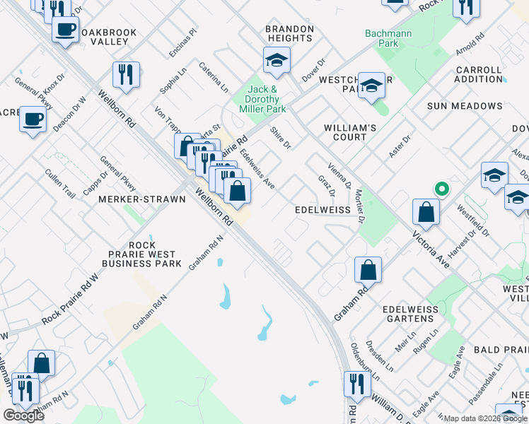 map of restaurants, bars, coffee shops, grocery stores, and more near 204 Bernburg in College Station