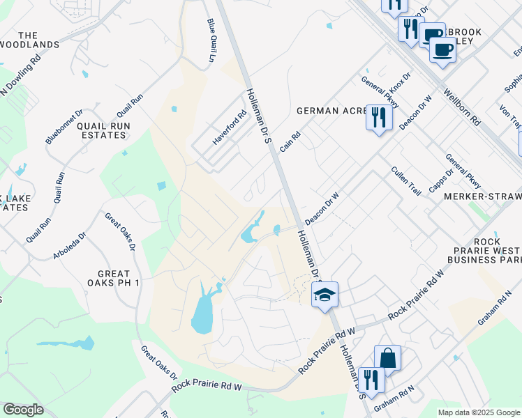 map of restaurants, bars, coffee shops, grocery stores, and more near 3675 Abbate Road in College Station