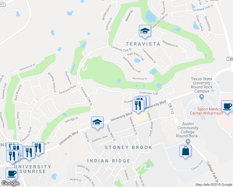 map of restaurants, bars, coffee shops, grocery stores, and more near 1609 Hidden Springs Path in Round Rock