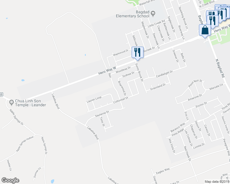 map of restaurants, bars, coffee shops, grocery stores, and more near 213 Ran Road in Leander