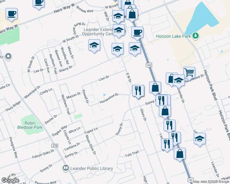 map of restaurants, bars, coffee shops, grocery stores, and more near 501 Horseshoe Drive in Leander