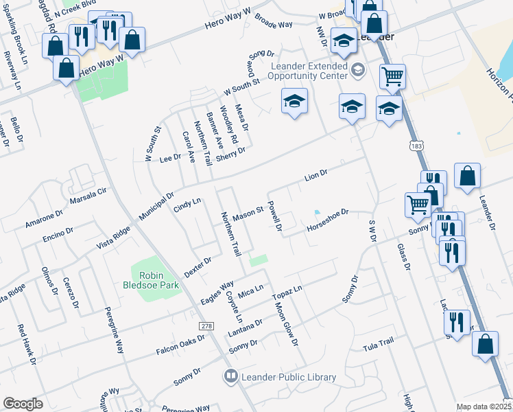 map of restaurants, bars, coffee shops, grocery stores, and more near 709 Mason Street in Leander