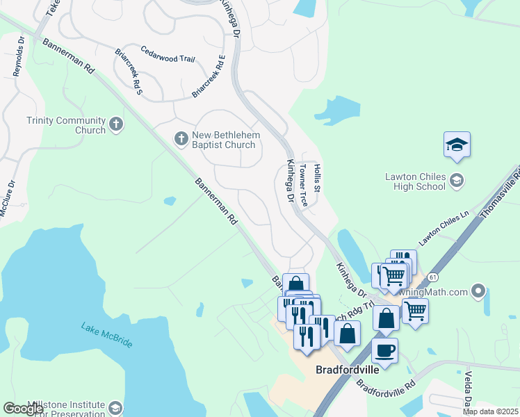map of restaurants, bars, coffee shops, grocery stores, and more near 3423 Cherokee Ridge Trail in Tallahassee