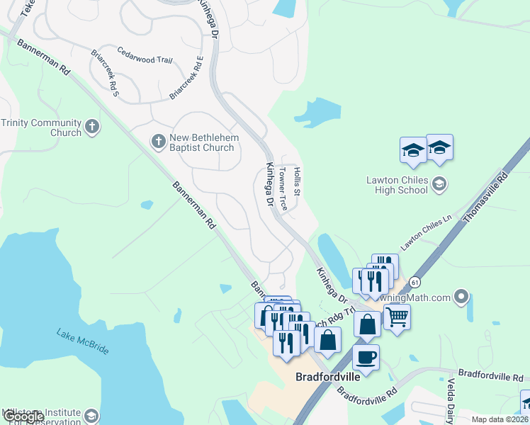 map of restaurants, bars, coffee shops, grocery stores, and more near 3538 Dogwood Valley Trail in Tallahassee