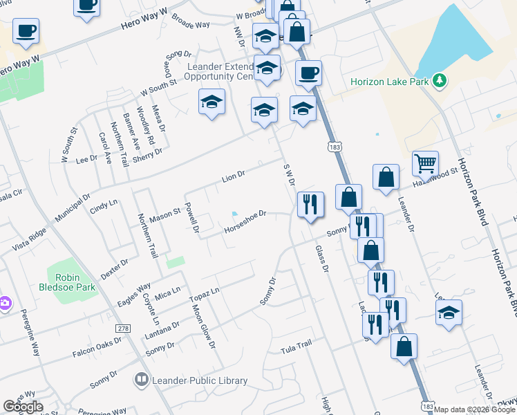 map of restaurants, bars, coffee shops, grocery stores, and more near 501 Horseshoe Drive in Leander