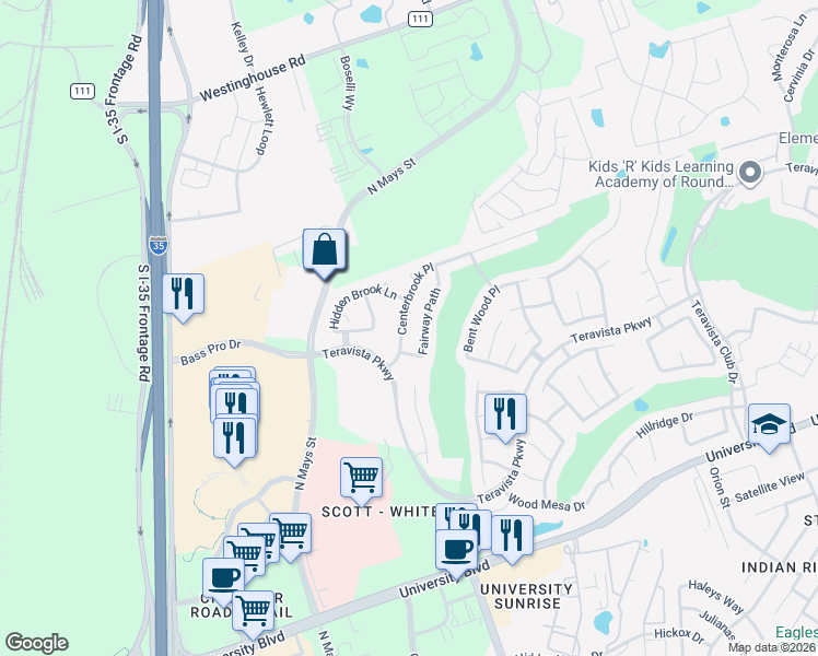 map of restaurants, bars, coffee shops, grocery stores, and more near 523 Centerbrook Place in Round Rock