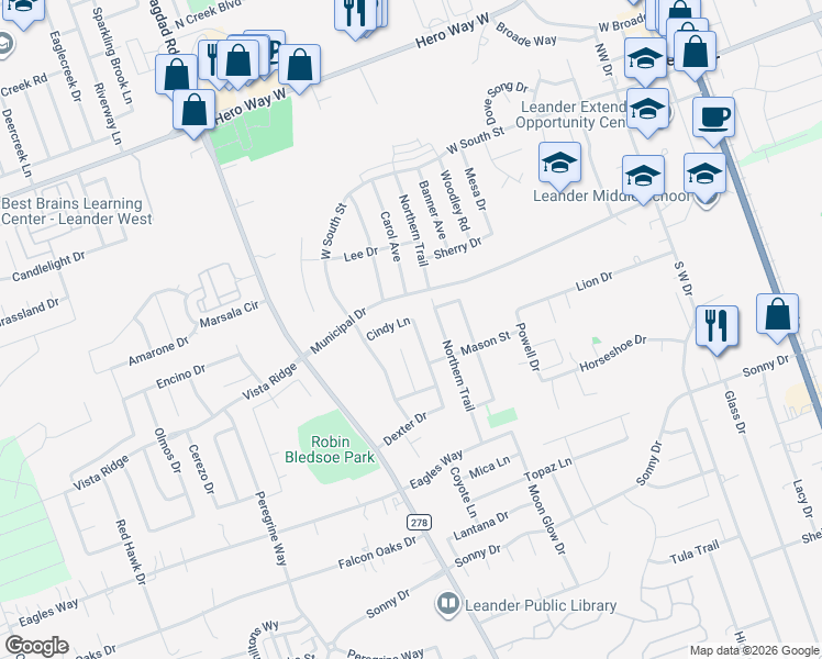 map of restaurants, bars, coffee shops, grocery stores, and more near 921 Cindy Lane in Leander
