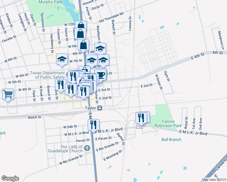 map of restaurants, bars, coffee shops, grocery stores, and more near 414 East 3rd Street in Taylor
