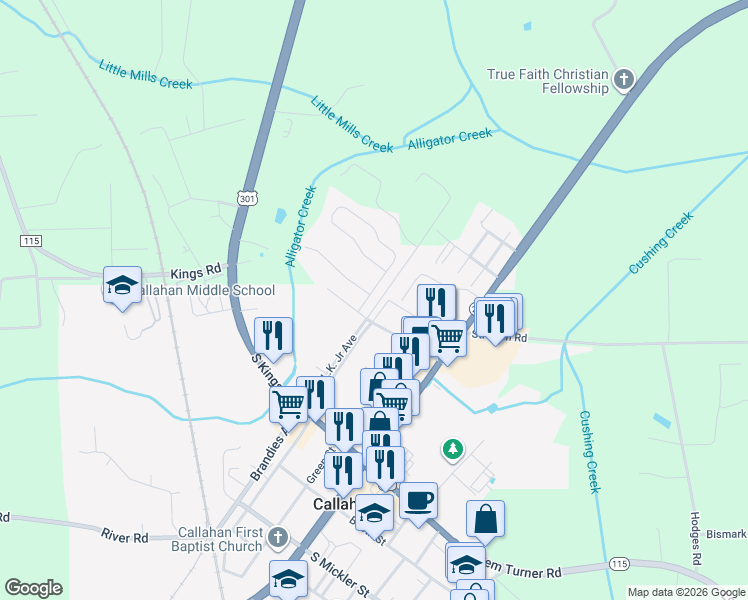 map of restaurants, bars, coffee shops, grocery stores, and more near 45062 Ingleham Circle in Callahan