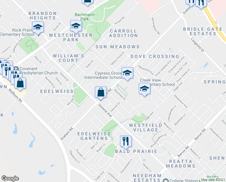 map of restaurants, bars, coffee shops, grocery stores, and more near 3702 Westfield Drive in College Station