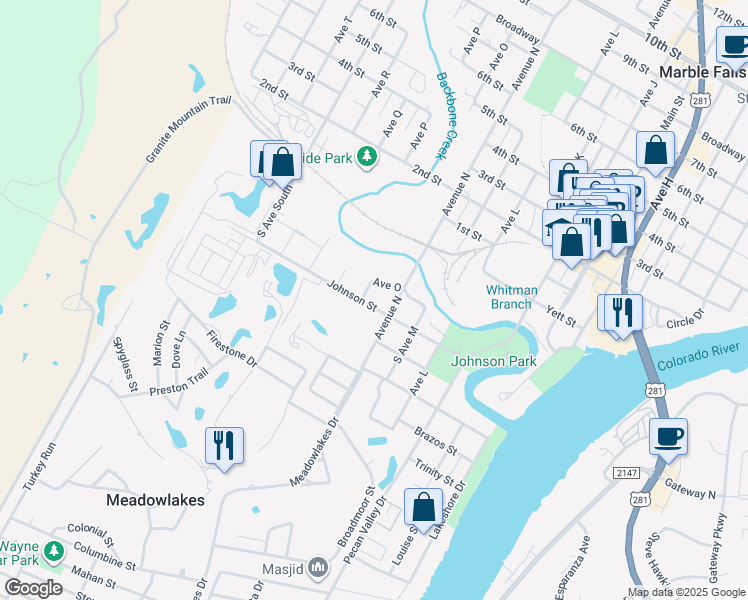 map of restaurants, bars, coffee shops, grocery stores, and more near 1407 Johnson Street in Marble Falls