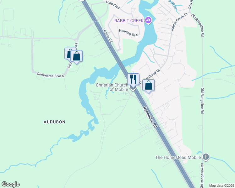 map of restaurants, bars, coffee shops, grocery stores, and more near 5834 Rabbit Creek Drive in Theodore