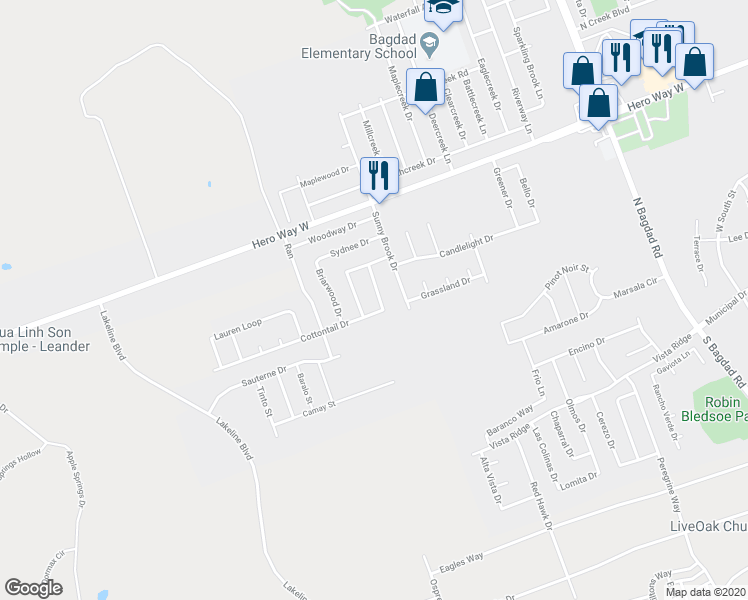 map of restaurants, bars, coffee shops, grocery stores, and more near 205 Cottontail Drive in Leander