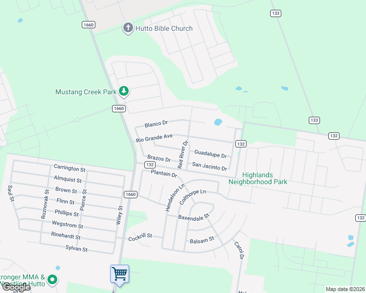 map of restaurants, bars, coffee shops, grocery stores, and more near Red River Drive in Hutto