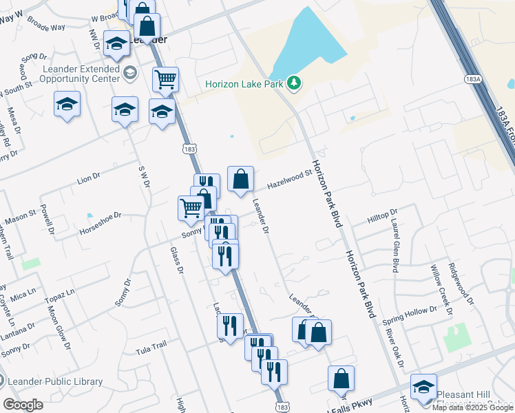 map of restaurants, bars, coffee shops, grocery stores, and more near 807 Leander Drive in Leander