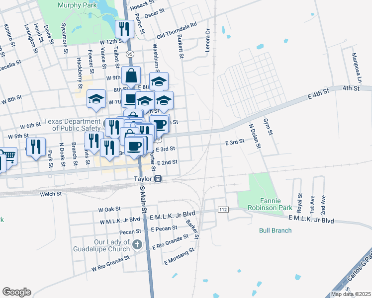 map of restaurants, bars, coffee shops, grocery stores, and more near 414 East 3rd Street in Taylor