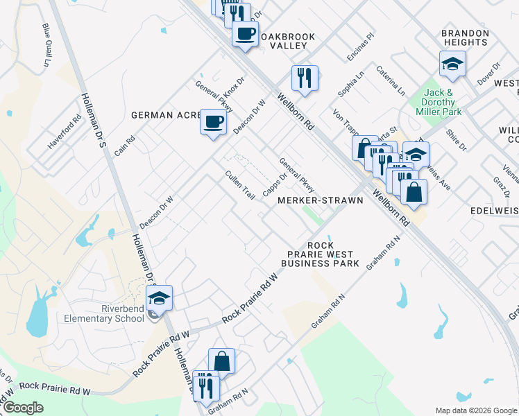 map of restaurants, bars, coffee shops, grocery stores, and more near 307 Sageway Court in College Station