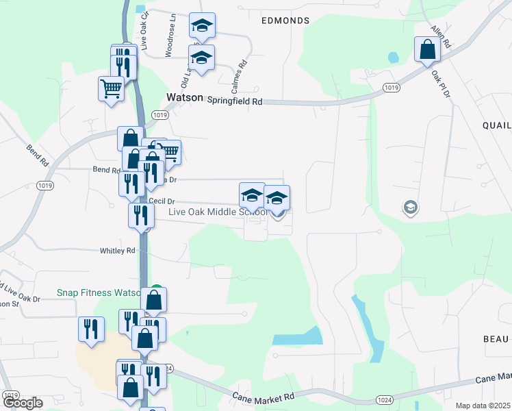 map of restaurants, bars, coffee shops, grocery stores, and more near 8400 Cecil Drive in Denham Springs