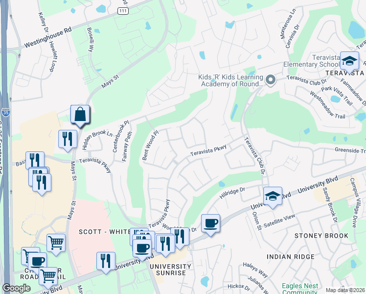 map of restaurants, bars, coffee shops, grocery stores, and more near 4204 Placid Creek Way in Round Rock