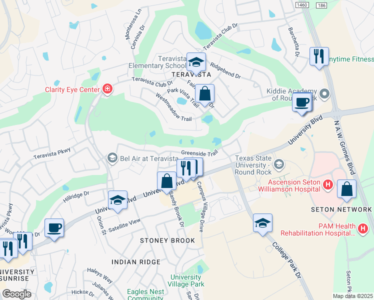 map of restaurants, bars, coffee shops, grocery stores, and more near 1718 Greenside Trail in Round Rock