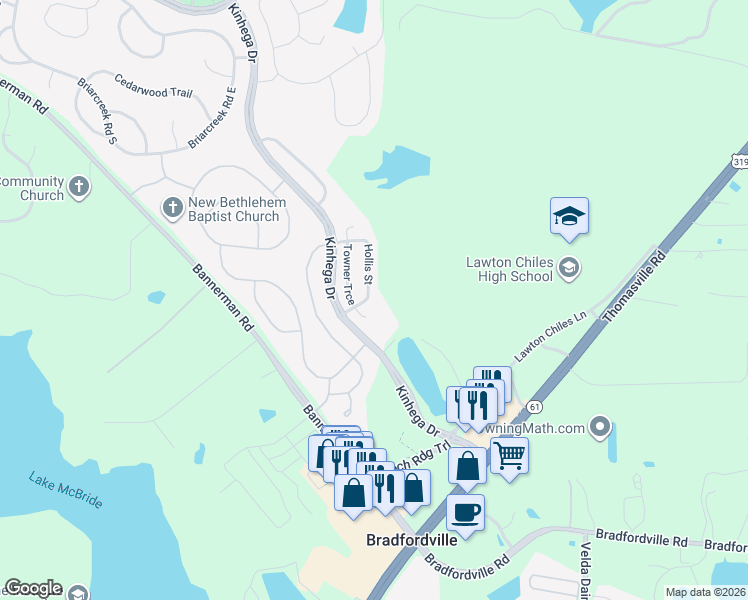map of restaurants, bars, coffee shops, grocery stores, and more near 7313 Hollis Street in Tallahassee