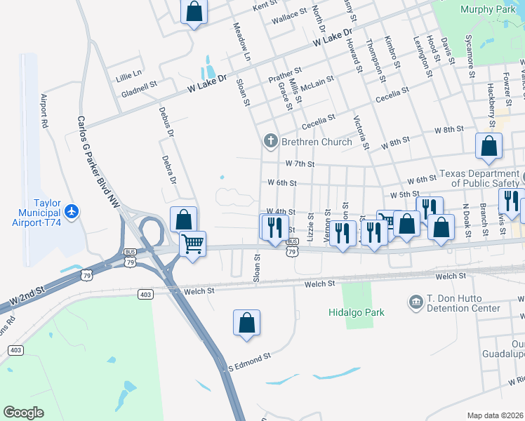 map of restaurants, bars, coffee shops, grocery stores, and more near 401 Wyeth Street in Taylor