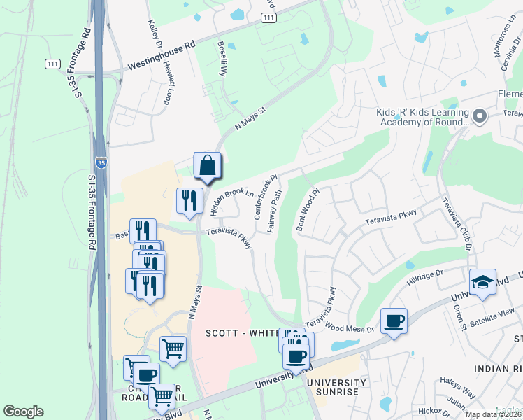 map of restaurants, bars, coffee shops, grocery stores, and more near 523 Centerbrook Place in Round Rock