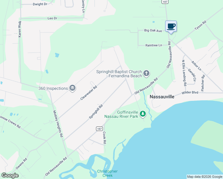 map of restaurants, bars, coffee shops, grocery stores, and more near 95633 Springhill Road in Fernandina Beach