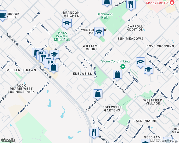 map of restaurants, bars, coffee shops, grocery stores, and more near 3620 Vienna Dr in College Station