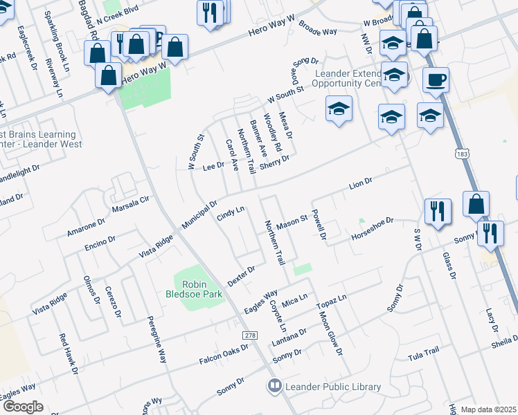 map of restaurants, bars, coffee shops, grocery stores, and more near 417 Northern Trail in Leander