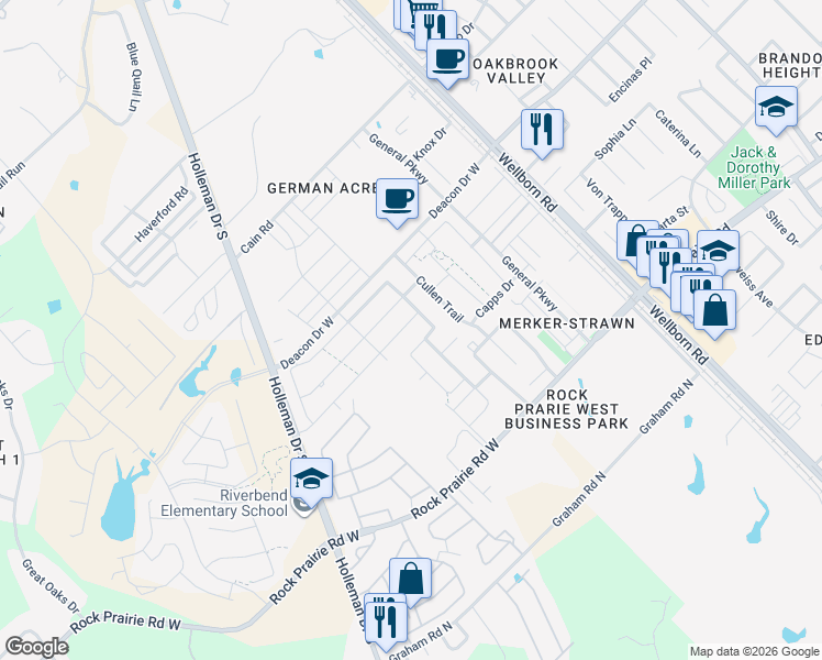 map of restaurants, bars, coffee shops, grocery stores, and more near 411 Momma Bear Drive in College Station