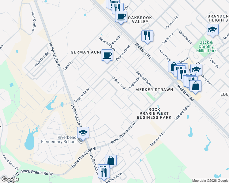 map of restaurants, bars, coffee shops, grocery stores, and more near 411 Momma Bear Drive in College Station