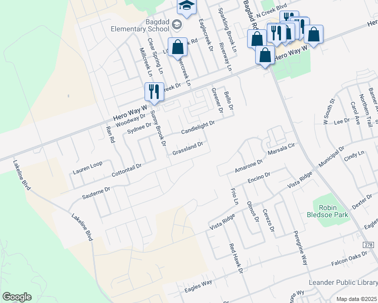 map of restaurants, bars, coffee shops, grocery stores, and more near 1900 Grassland in Leander
